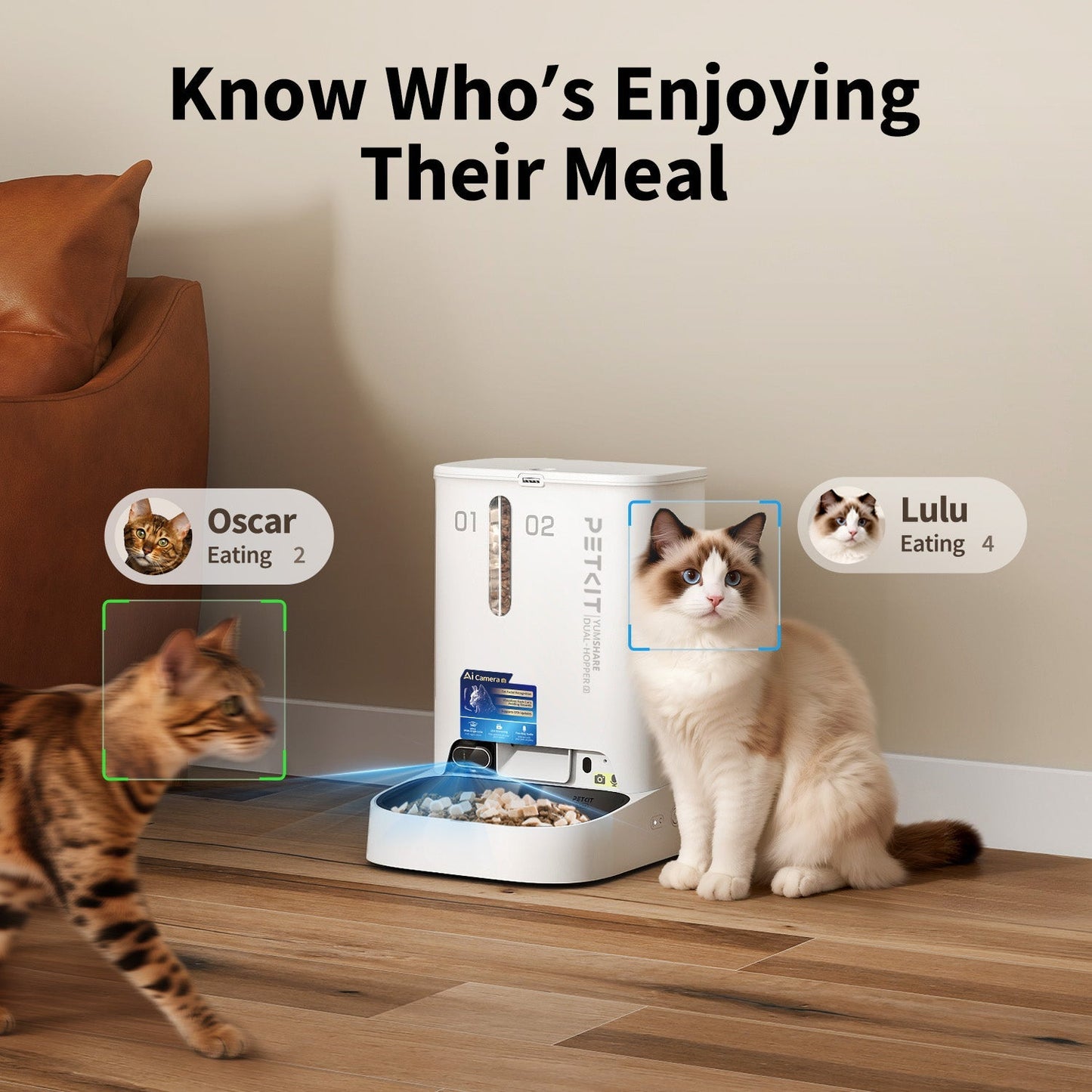 Petkit YumShare Dual-hopper automatic cat feeder with camera, featuring multi-cat recognition and digital feed controls.
