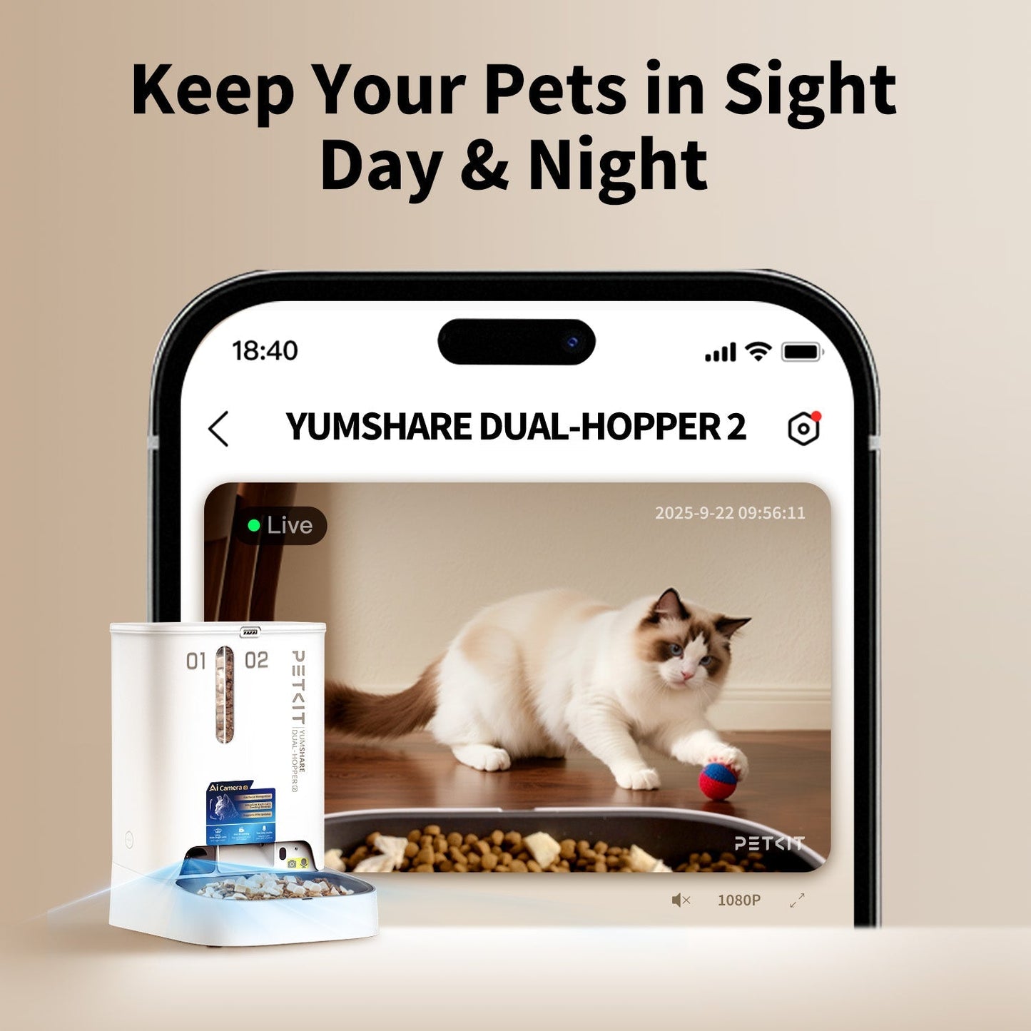 Petkit YumShare Dual-hopper automatic pet feeder with built-in camera for monitoring pets and dispensing food.
