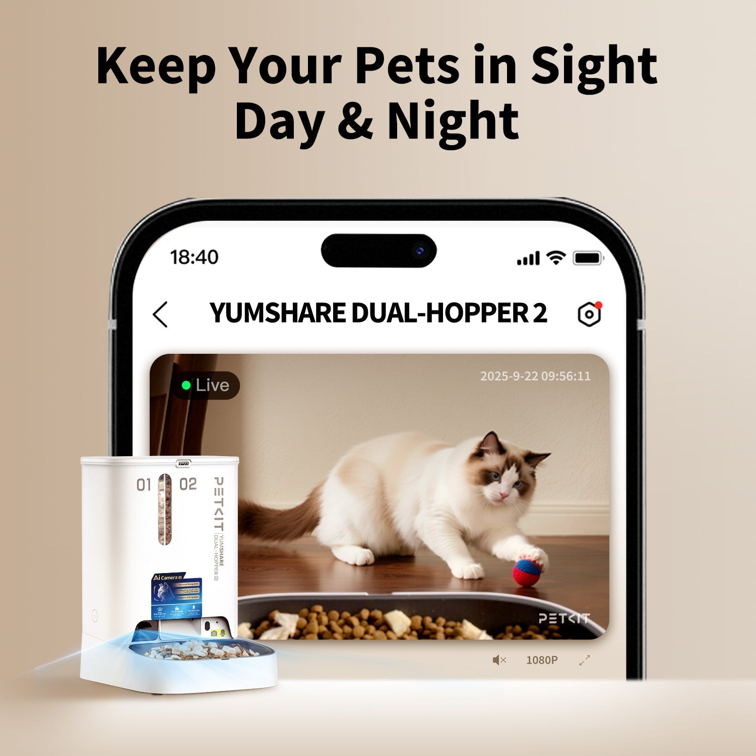 Petkit YumShare Dual-hopper automatic pet feeder with built-in camera for monitoring pets and dispensing food.