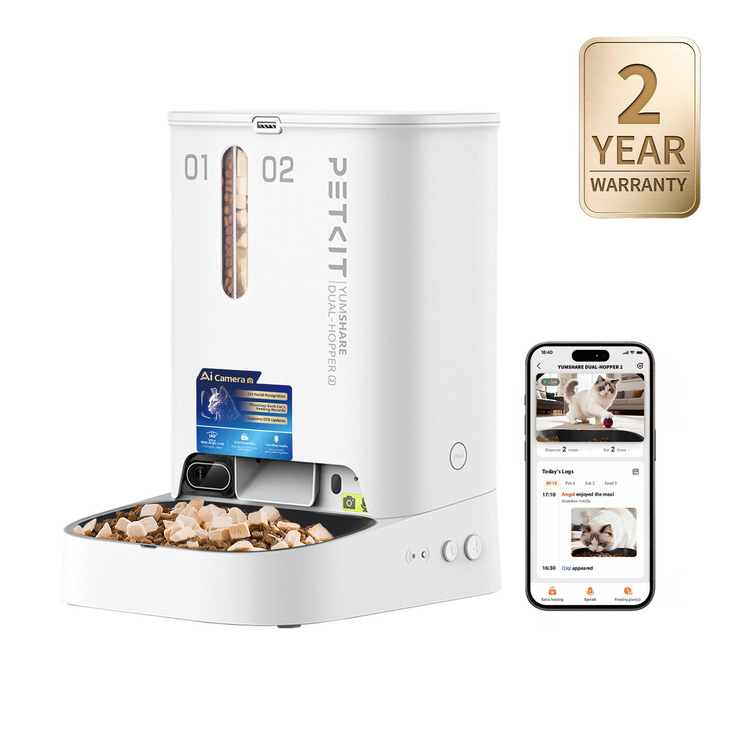 Petkit YumShare Dual-hopper 2 automatic cat feeder with built-in AI camera and two-year warranty, showing dual food hoppers and camera lens.