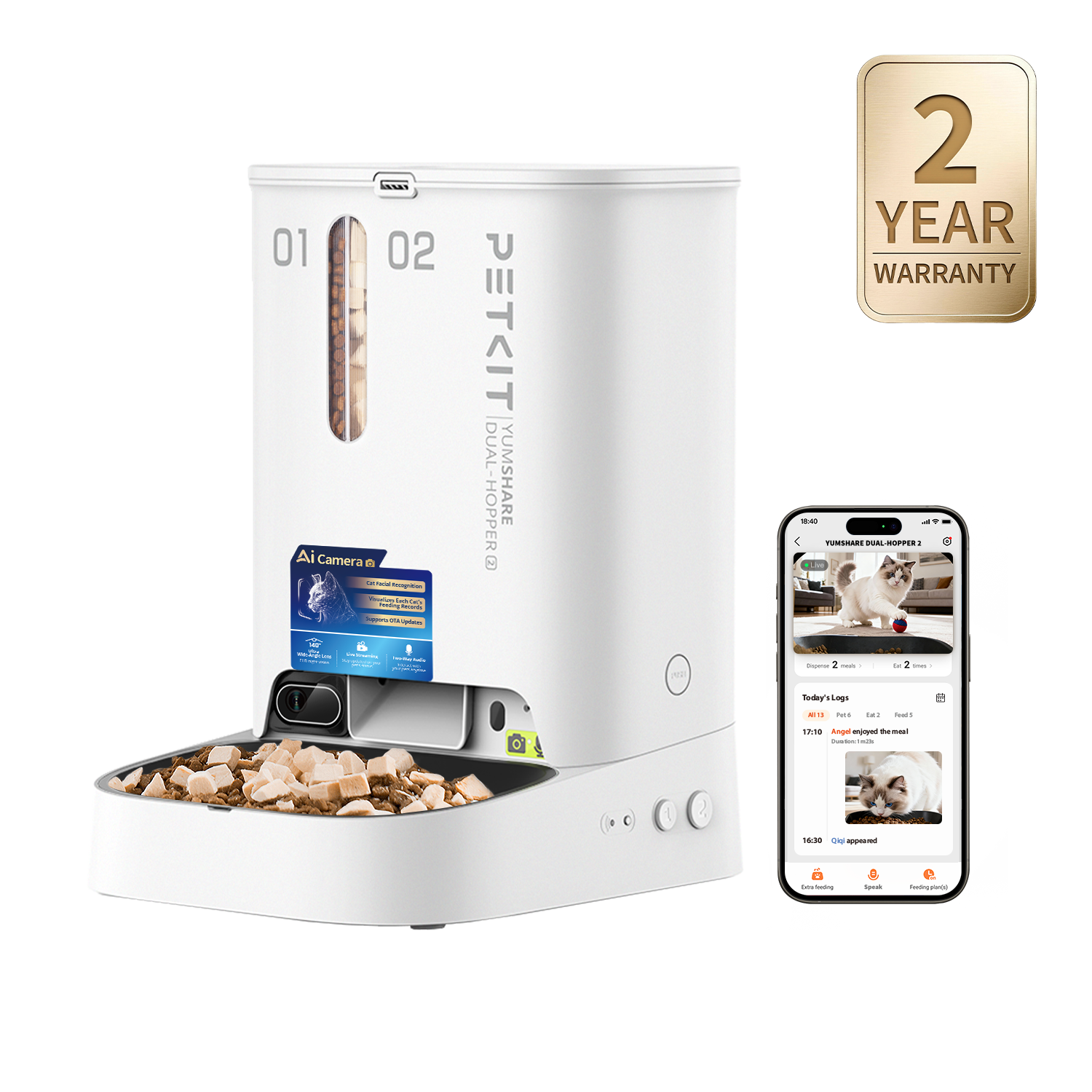 Petkit YumShare Dual-hopper 2 automatic cat feeder with built-in AI camera and two-year warranty, showing dual food hoppers and camera lens.