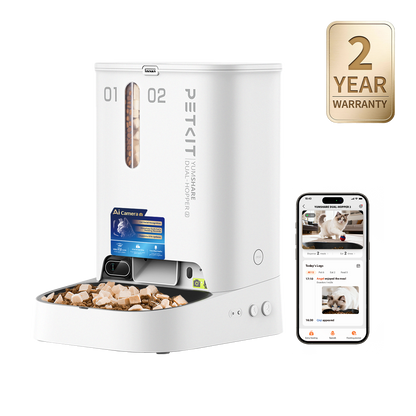 Petkit YumShare Dual-hopper 2 automatic cat feeder with built-in AI camera and two-year warranty, showing dual food hoppers and camera lens.