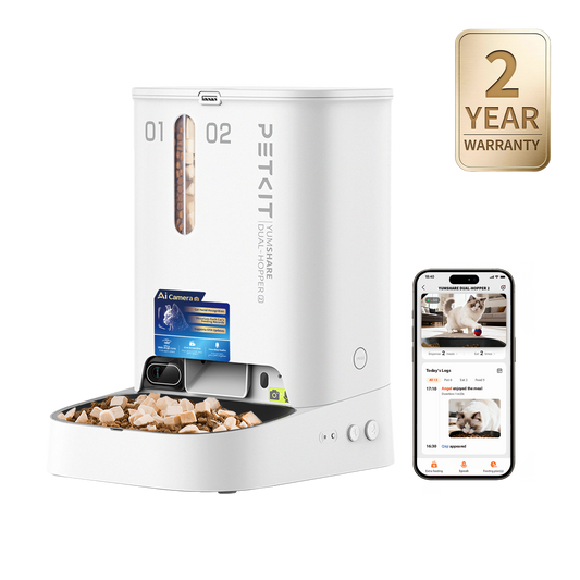 Petkit YumShare Dual-hopper 2 automatic cat feeder with built-in AI camera and two-year warranty, showing dual food hoppers and camera lens.