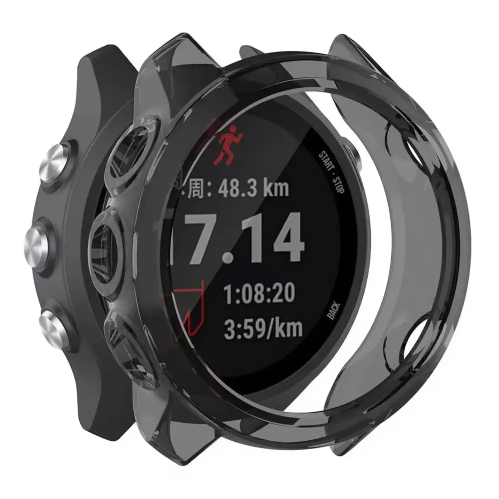 Black Habicare protective watch case for Garmin Forerunner 645 Series, designed to safeguard the smartwatch.