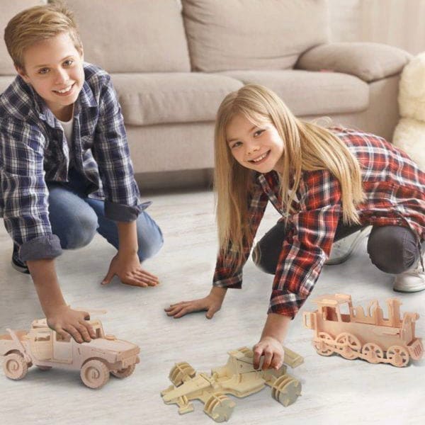 Colorful 3D race car puzzle by 9eight5 with intricate details, assembled from multiple interlocking pieces.