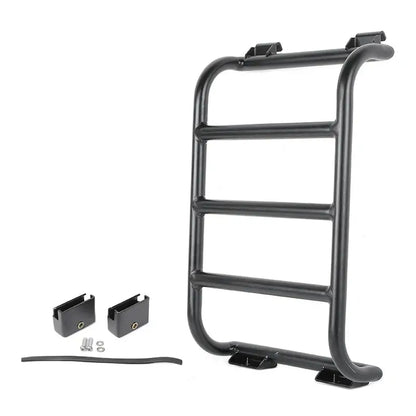 Black HBC Rear Window Ladder Rack for RVs and Campervans, securely attached to vehicle's rear window for easy access.