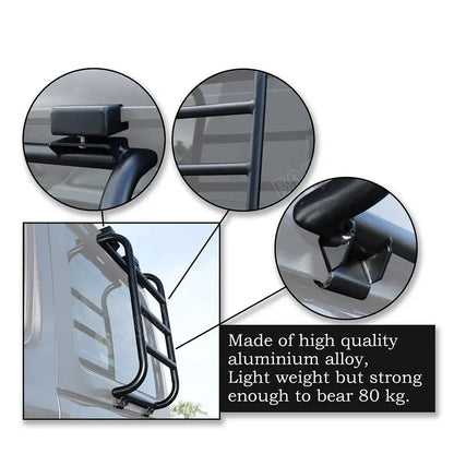 Black HBC Rear Window Rack ladder for RVs and campervans, mounted on the rear window for easy access and storage.