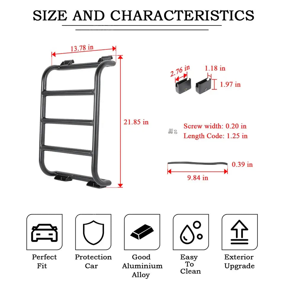 Black HBC rear window rack ladder for RVs and campervans, mounted on vehicle rear window for easy access and storage.