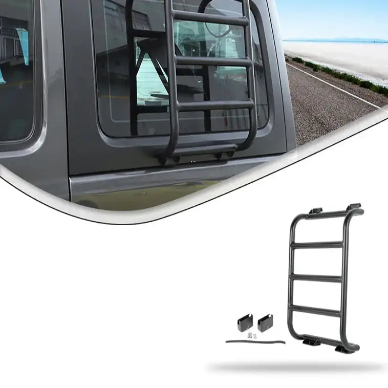 Black HBC Rear Window Rack and Ladder for RVs and campervans, mounted on the back window for easy access and storage.
