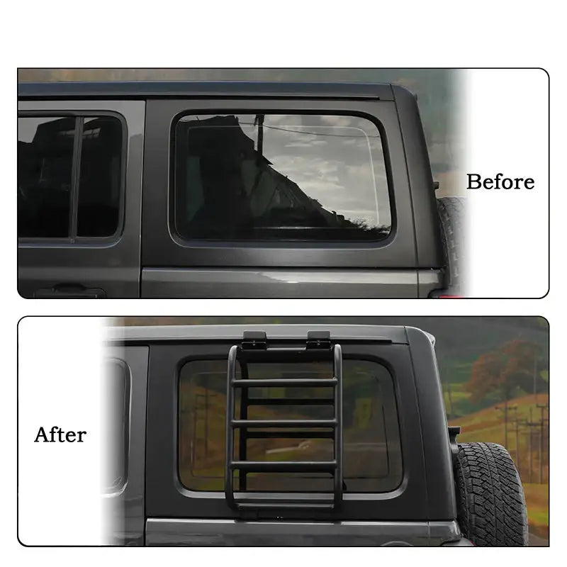 Black HBC Rear Window Rack and Ladder for RVs and campervans, installed on the rear window for easy access and storage.