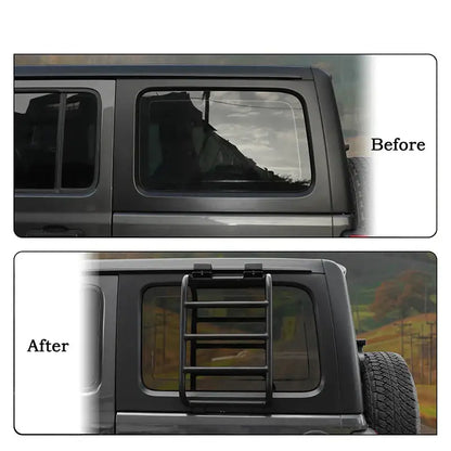 Black HBC Rear Window Rack and Ladder for RVs and campervans, installed on the rear window for easy access and storage.