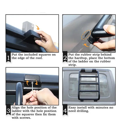 Black HBC rear window rack and ladder for RVs and campervans, securely mounted on the rear window for easy access and storage.