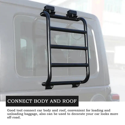Black HBC Rear Window Rack and Ladder for RVs and campervans, securely mounted on the rear window for easy access.