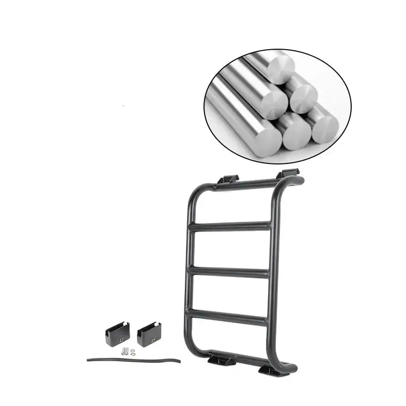 Black Habicare HBC rear window rack ladder for RVs and campervans, mounted on the back window for secure access and storage.