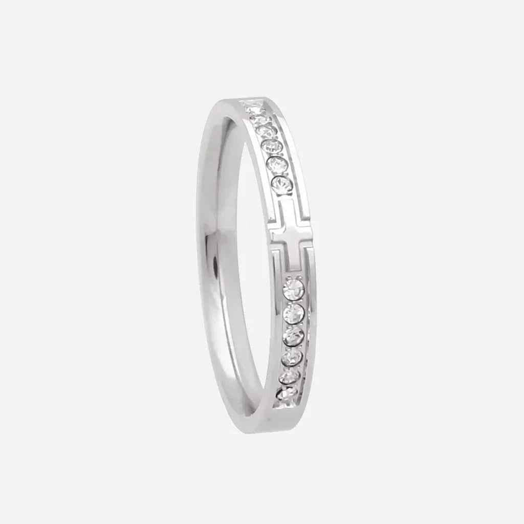 Stainless Steel Cross Ring with CZs- Silver