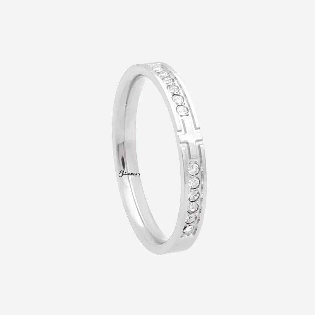 Stainless Steel Cross Ring with CZs- Silver.