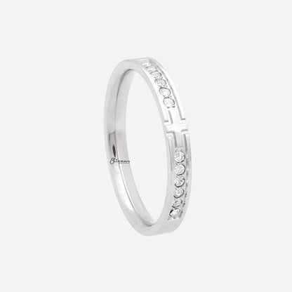 Stainless Steel Cross Ring with CZs- Silver.