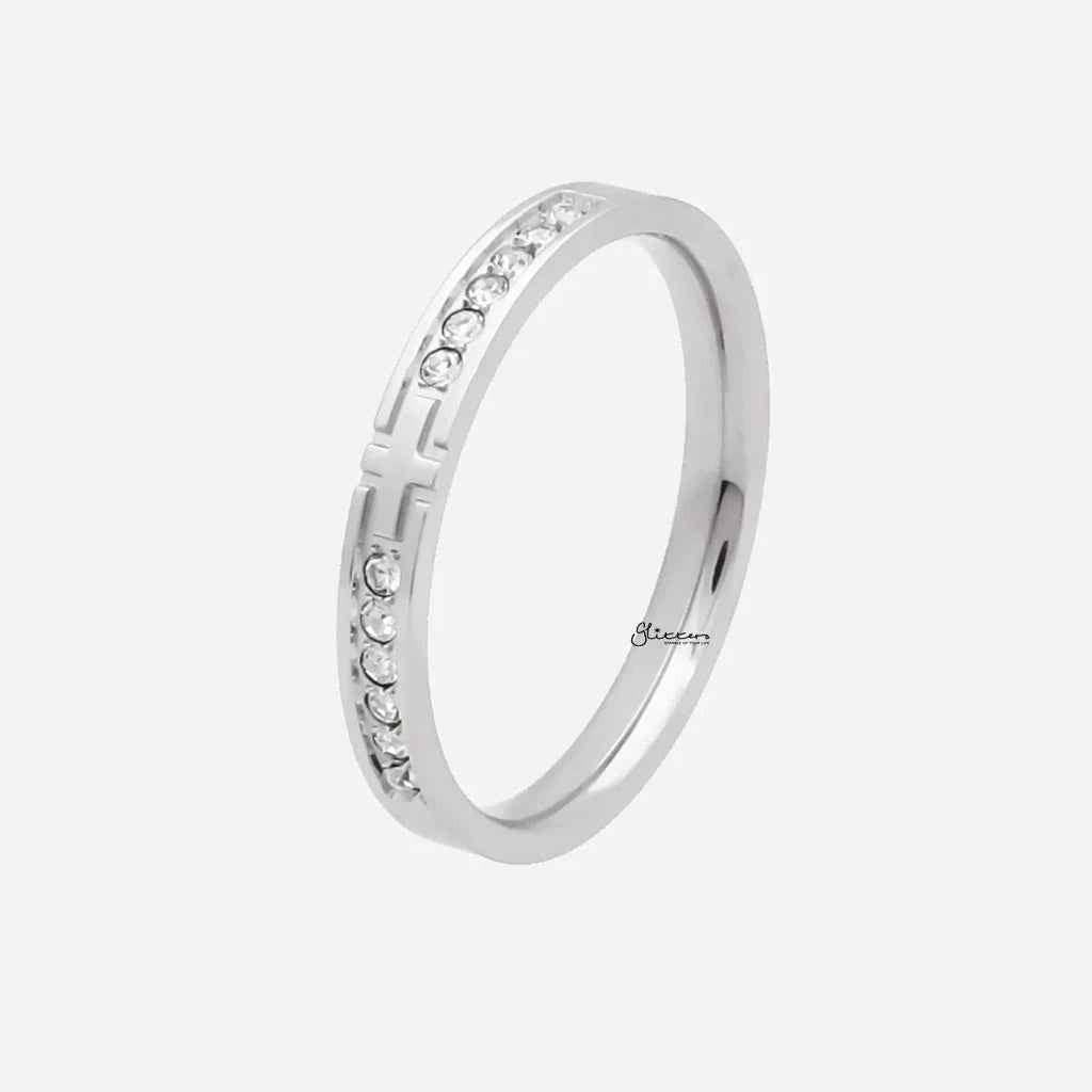 Stainless Steel Cross Ring with CZs- Silver