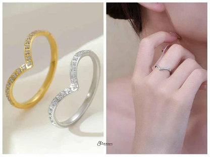 Stainless Steel V Shape CZ Paved Ring - Gold