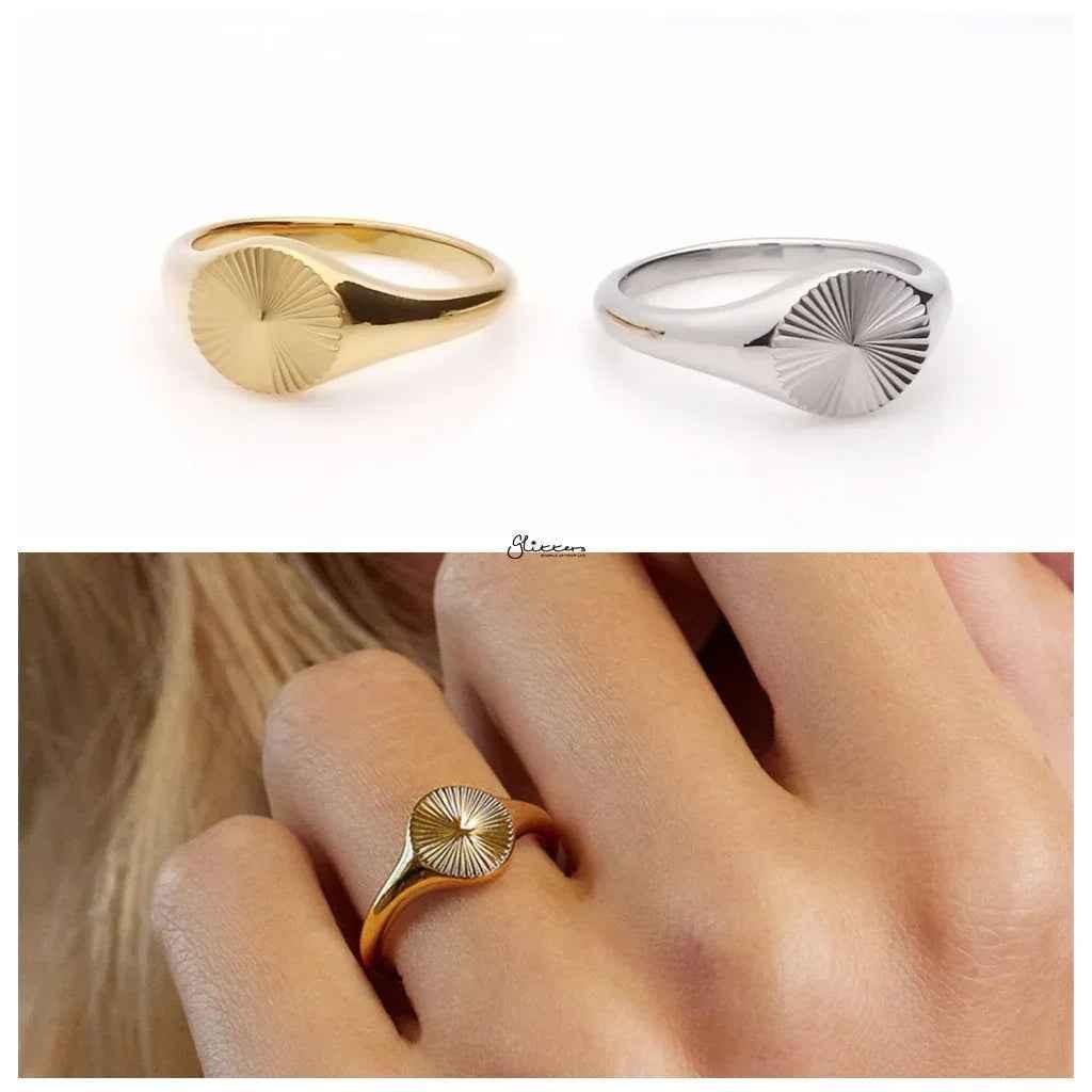 Stainless Steel Sunburst Signet Ring - Silver