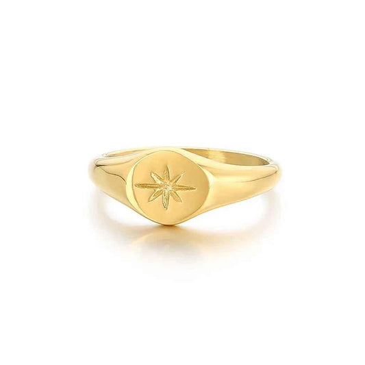 Stainless Steel Oval Sunburst Signet Ring - Gold