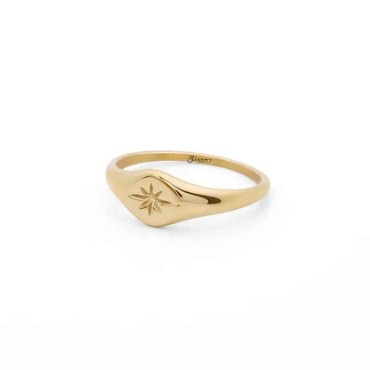 Stainless Steel Oval Sunburst Signet Ring - Gold