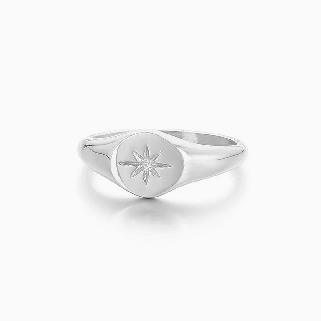 Stainless Steel Oval Sunburst Signet Ring - Silver.