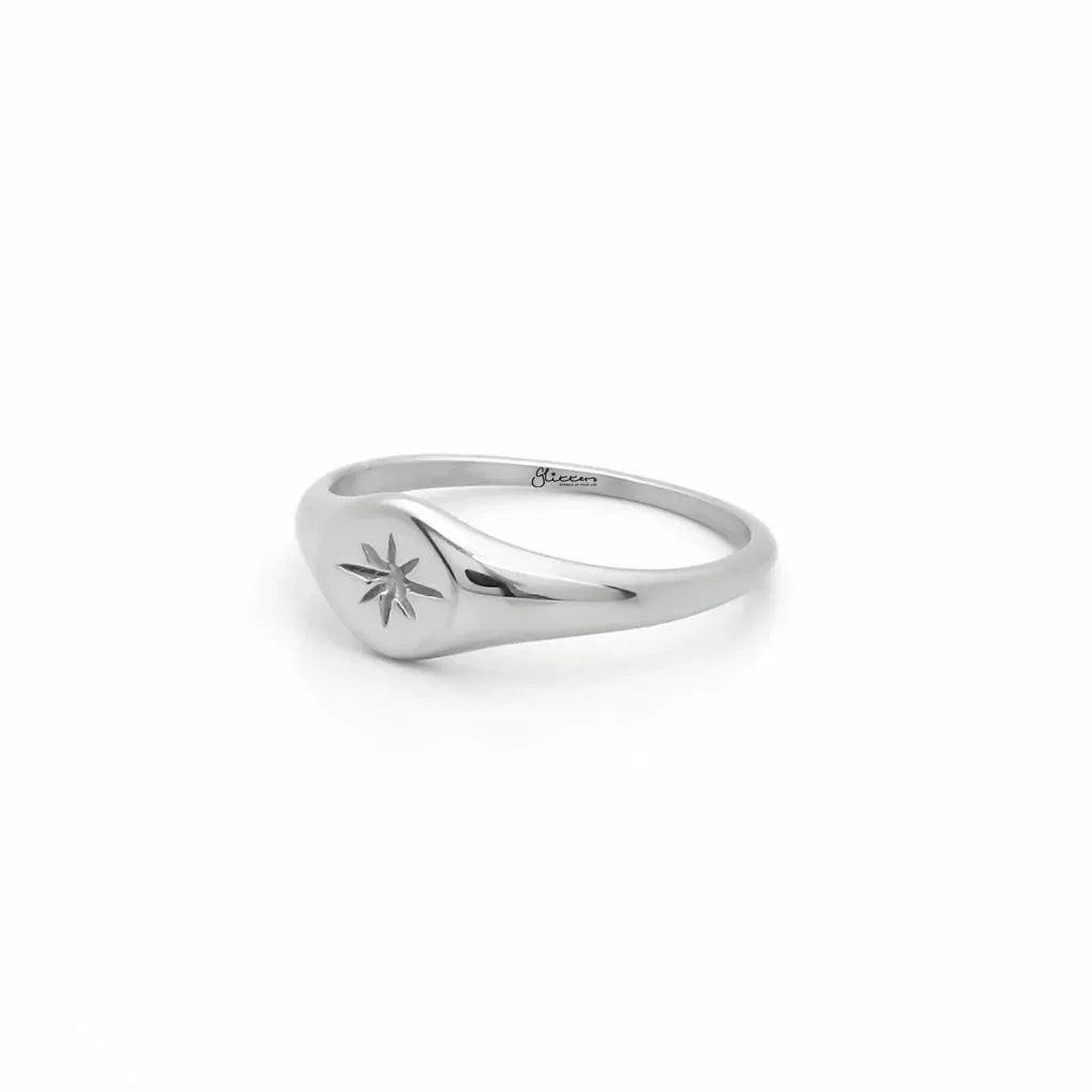 Stainless Steel Oval Sunburst Signet Ring - Silver.