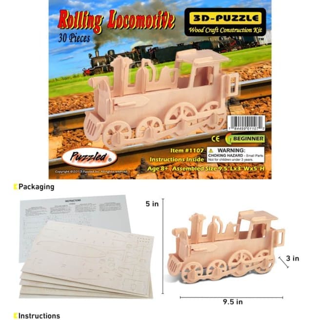 3D Puzzle of a rolling locomotive by 9eight5, featuring detailed model with colorful train design and realistic locomotive features.