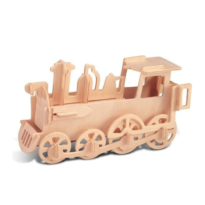 Colorful 3D puzzle of a rolling locomotive by 9eight5, with detailed train design and vibrant colors on a white background.