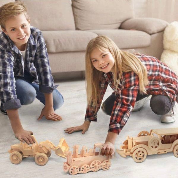 3D puzzle of a rolling locomotive by 9eight5, featuring detailed train design and movable wheels for assembly.