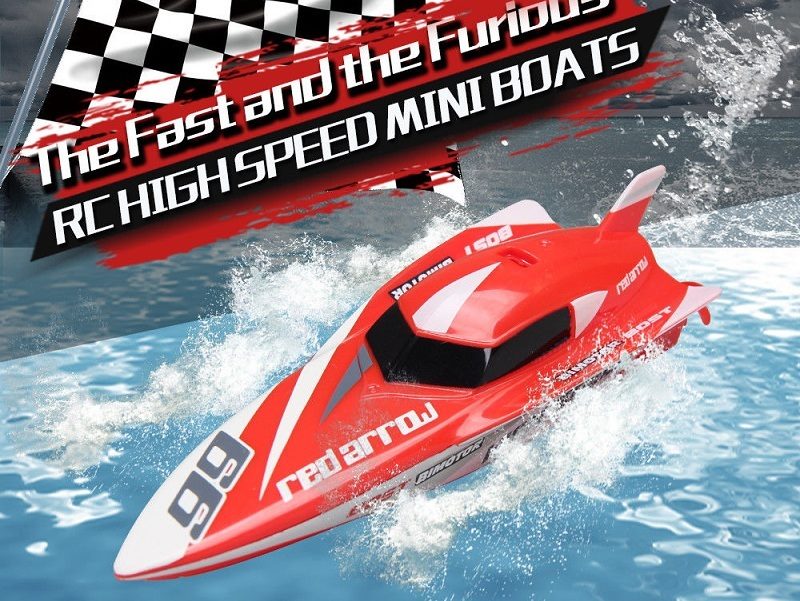 Red remote control racing boat by dealonline.co.nz, sleek design, shown on water with remote controller in view