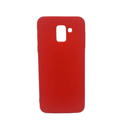 Red silicone phone case for Samsung Galaxy A6 (2018) by 9eight5, showing the case fitted on the device.
