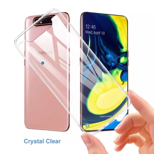 Clear silicone phone case for Samsung Galaxy A80 and A90 by 9eight5, showing the transparent, flexible material fitted on the device.
