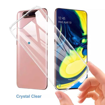 Clear silicone phone case for Samsung Galaxy A80 and A90 by 9eight5, showing the transparent, flexible material fitted on the device.