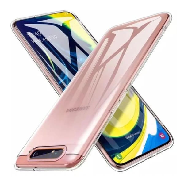 Clear silicone case for Samsung Galaxy A80 and A90 by 9eight5, showing a transparent protective cover on the phone.