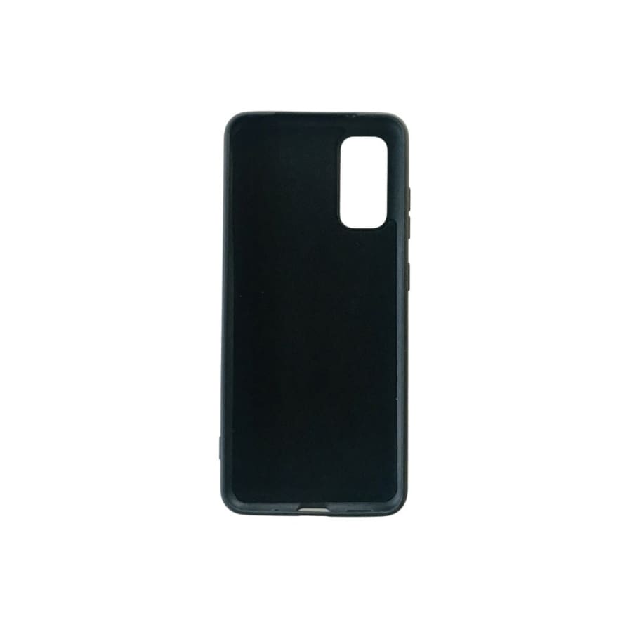 Black silicone case for Samsung Galaxy S20 by 9eight5, showing a snug fit and smooth texture on the phone.