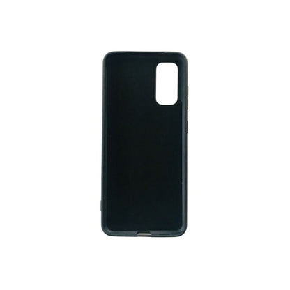 Black silicone case for Samsung Galaxy S20 by 9eight5, showing a snug fit and smooth texture on the phone.