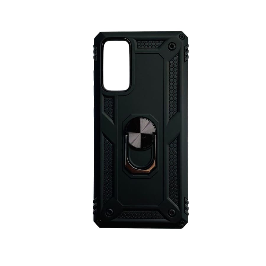 Black 9eight5 hard case for Samsung Galaxy S20 FE phone, durable protective cover with textured grip and precise cutouts.