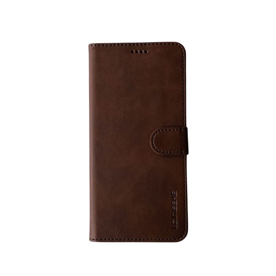 Brown synthetic leather flip case for Samsung Galaxy S21 Plus by 9eight5, showing front view with magnetic closure.