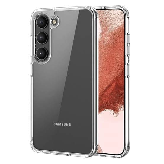 Clear 9eight5 phone case for Samsung Galaxy S23, slim protective cover with transparent design and precise cutouts.