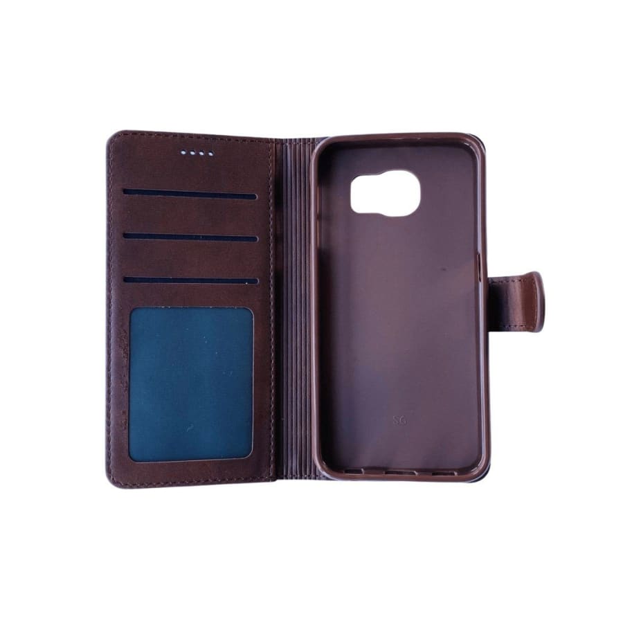 Brown synthetic leather flip case for Samsung Galaxy S6 by 9eight5, featuring a protective cover and card slots.