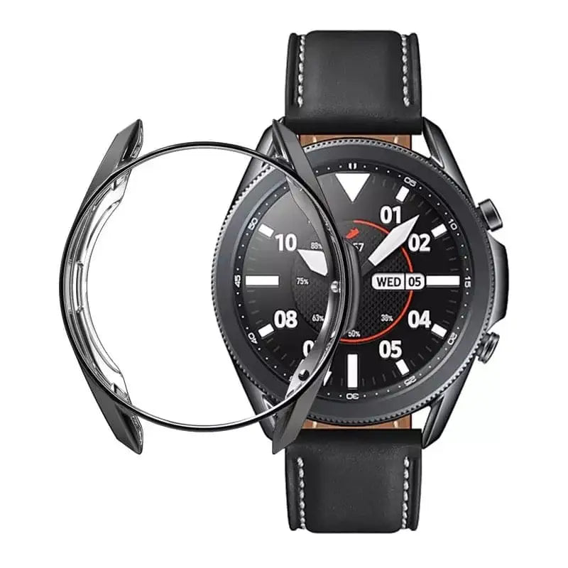 Black Habicare protective case for Samsung Galaxy Watch 3 45mm, providing durable coverage and style for the smartwatch.