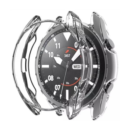 Clear protective case for Samsung Galaxy Watch 3 45mm by Habicare, shown fitted around the watch in a close-up view.