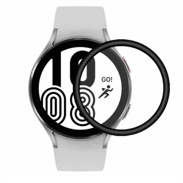 Two silver Samsung Galaxy Watch 4 (44mm) screen protectors for smartwatch from That Watch Shop, designed to shield the display.