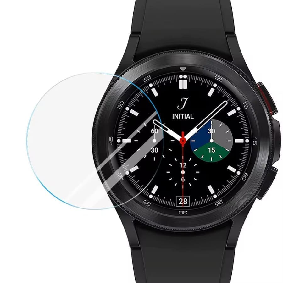 Black tempered glass screen protector for Samsung Galaxy Watch 4 Classic 42mm smartwatch, offers durable protection.