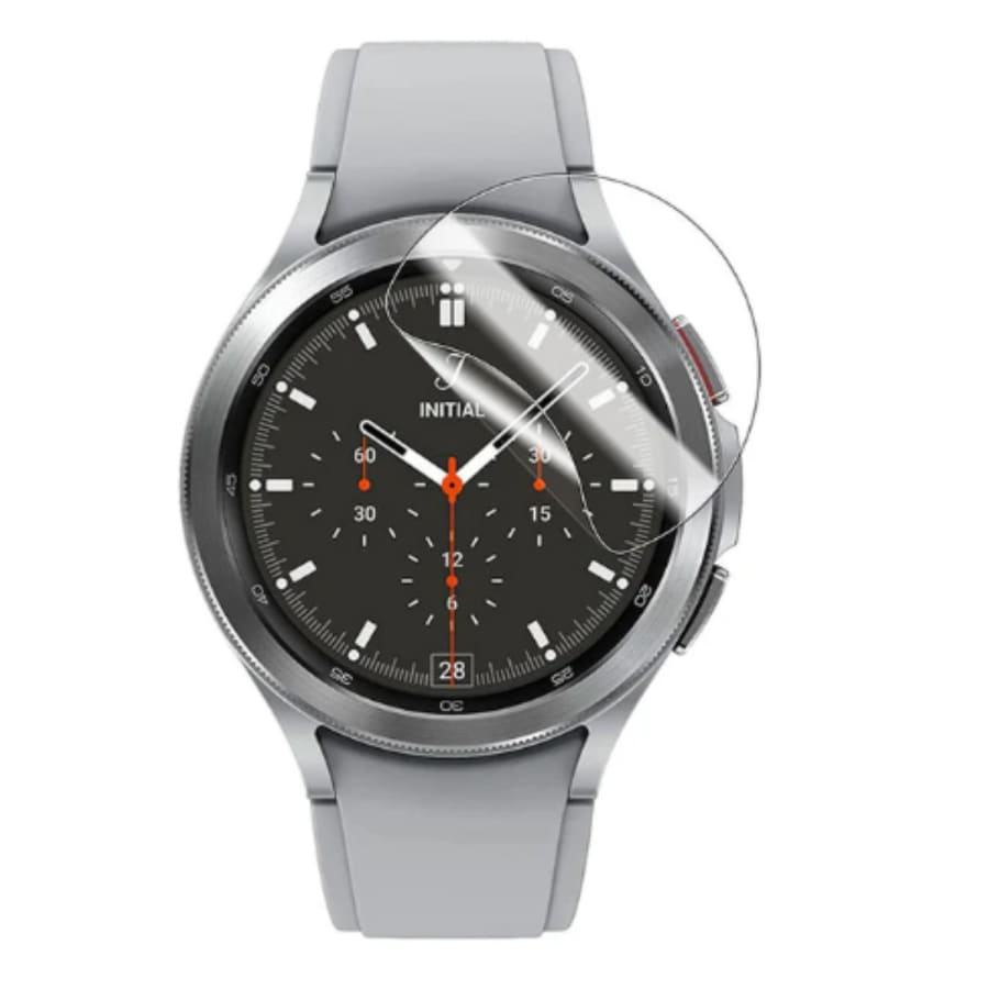 Hydrogel screen protectors for Samsung Galaxy Watch 4 Classic 42mm, pack of 6, showing the clear, flexible protectors on watch screen.