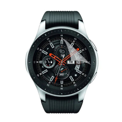 Hydrogel screen protectors for Samsung Galaxy Watch 46mm from That Watch Shop, pack of 4, showing the transparent protectors on the watch face.