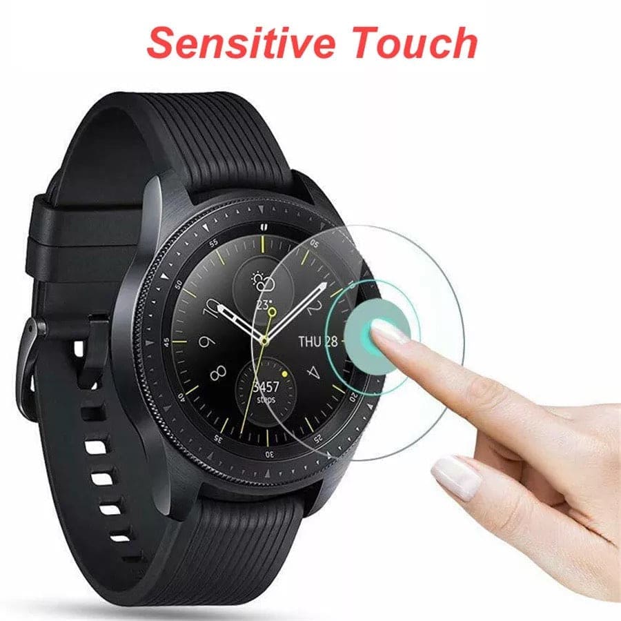 Black Samsung Galaxy Watch 46mm screen protectors, pack of 2, designed for durability and touchscreen clarity.