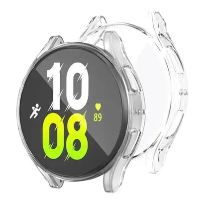 Clear Habicare protective case for Samsung Galaxy Watch 5 40mm, showing the watch with the transparent case fitted.